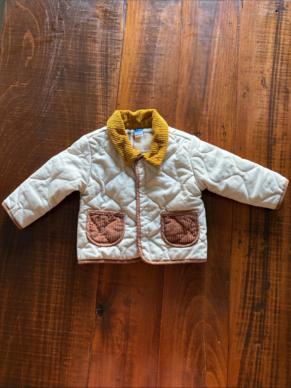 Old Navy Baby Quilted Barn Jacket with Mustard Collar and Brown Pockets